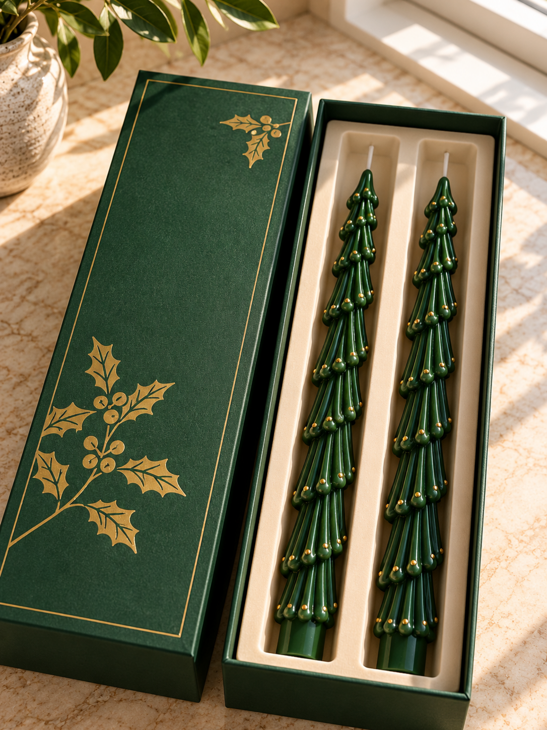 Tannenzauber – Zwei handgegossene Weihnachtsbaumkerzen im Geschenkset