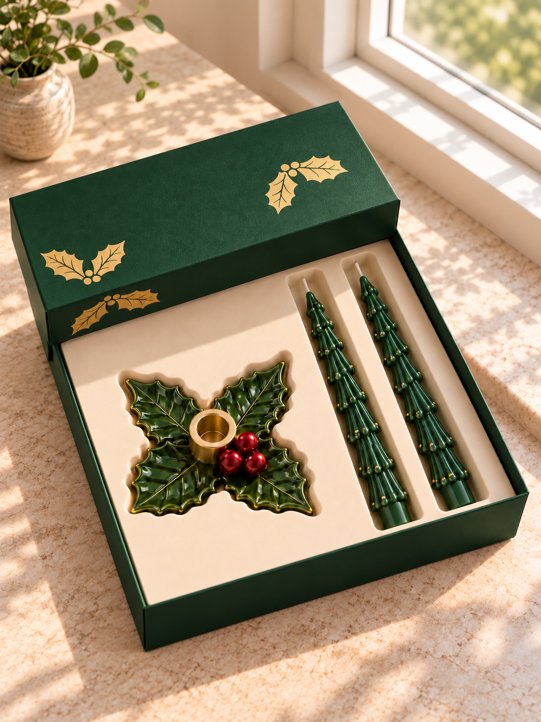 Tannenzauber Deluxe – Zwei handgegossene Weihnachtsbaumkerzen mit Kerzenhalter im Geschenkset