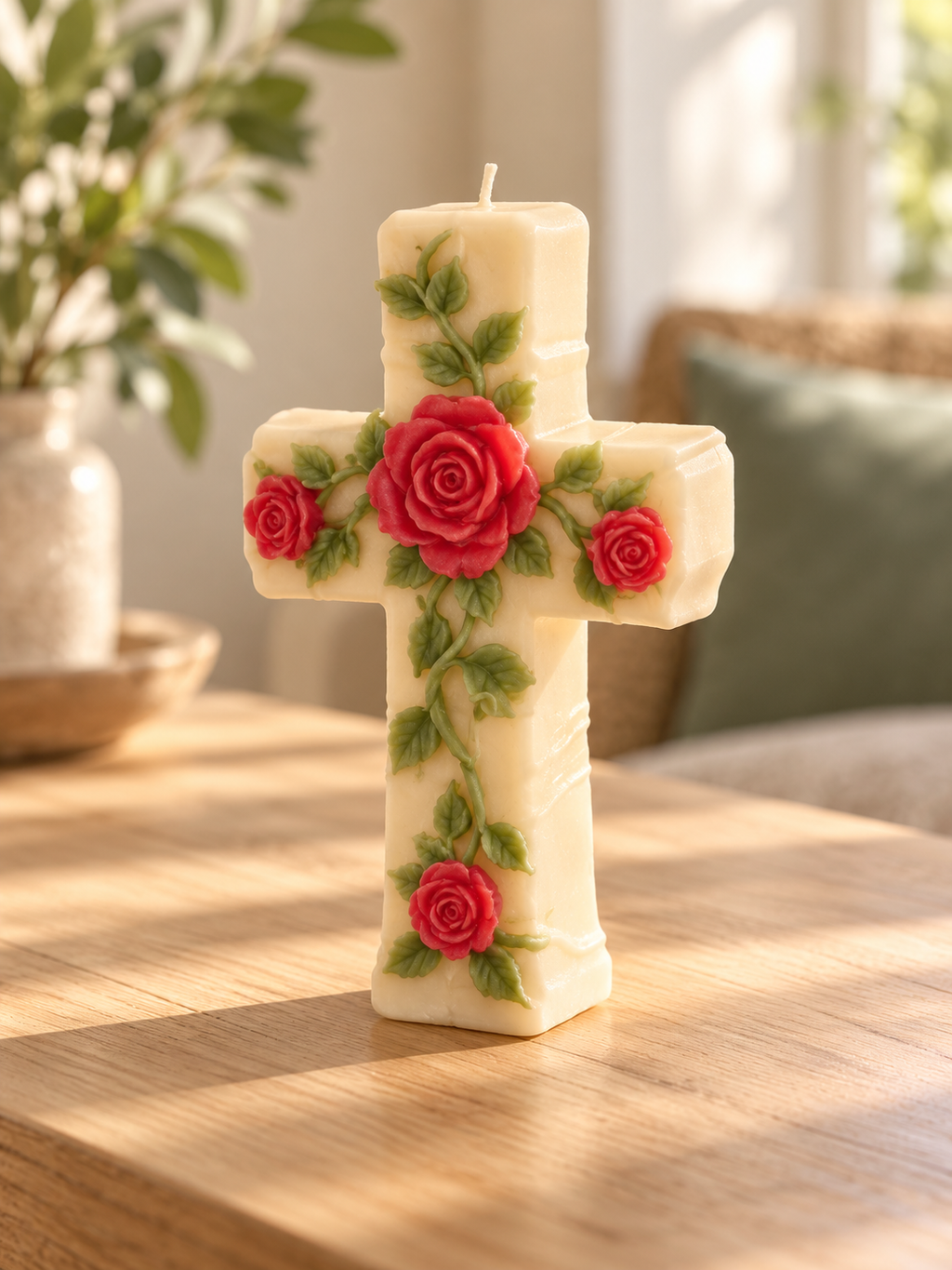 Rosenkreuz – Kerze mit roten Rosen