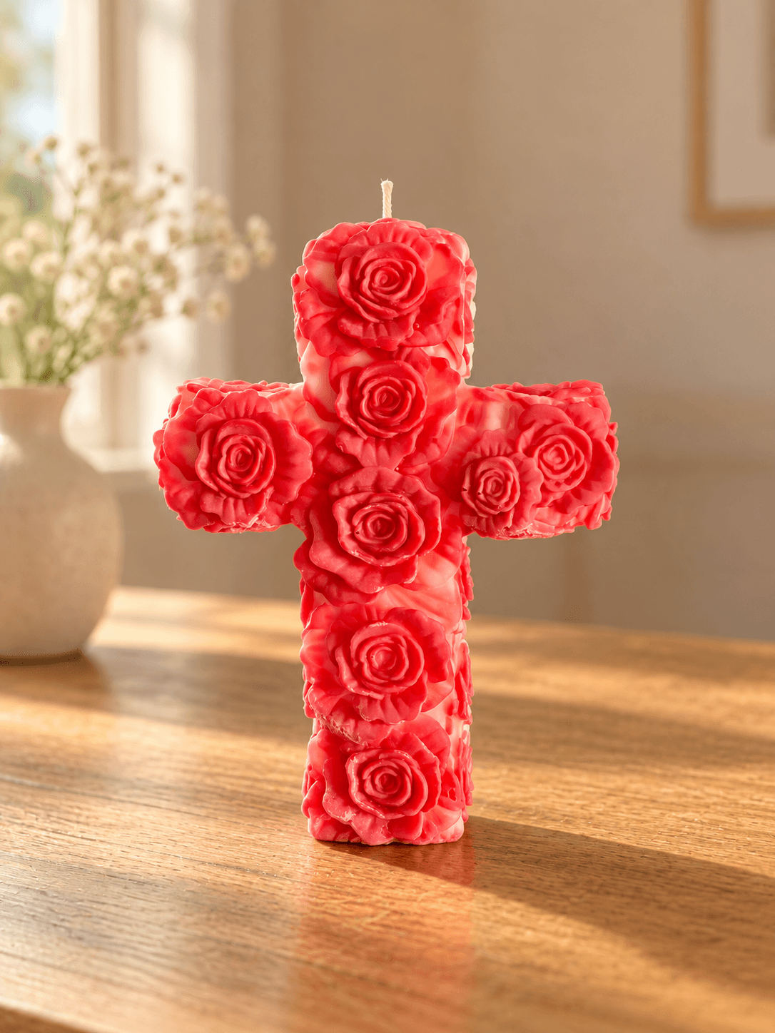 Rosenliebe – Kreuzkerze mit Rosenrelief