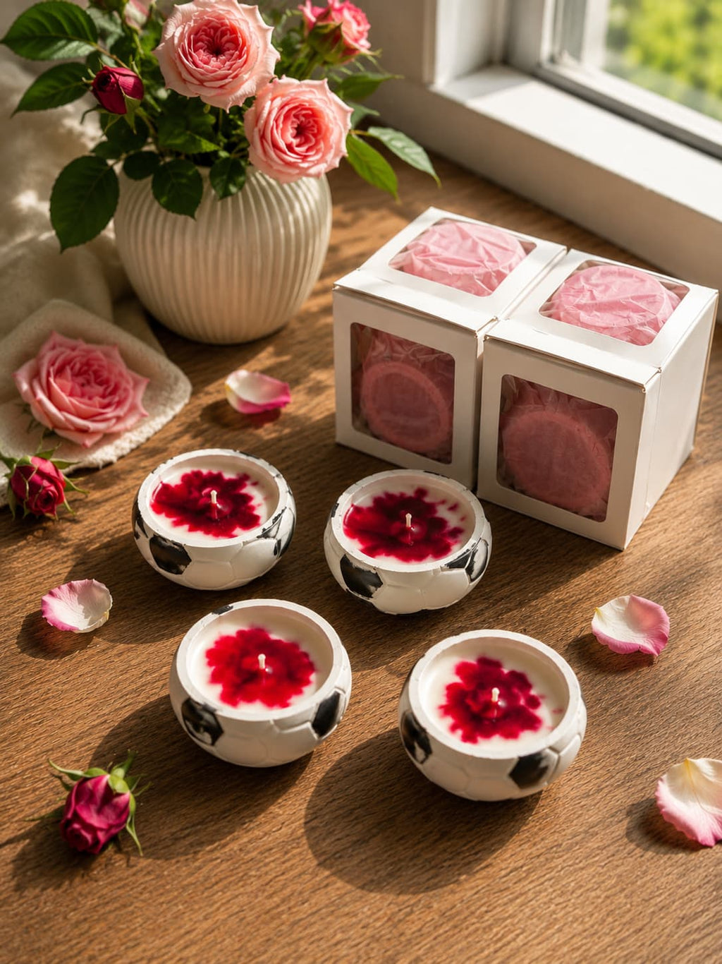 Rose-Blossom Fußball-Duftkerzen mit Geschenkverpackung und frischen Rosen.